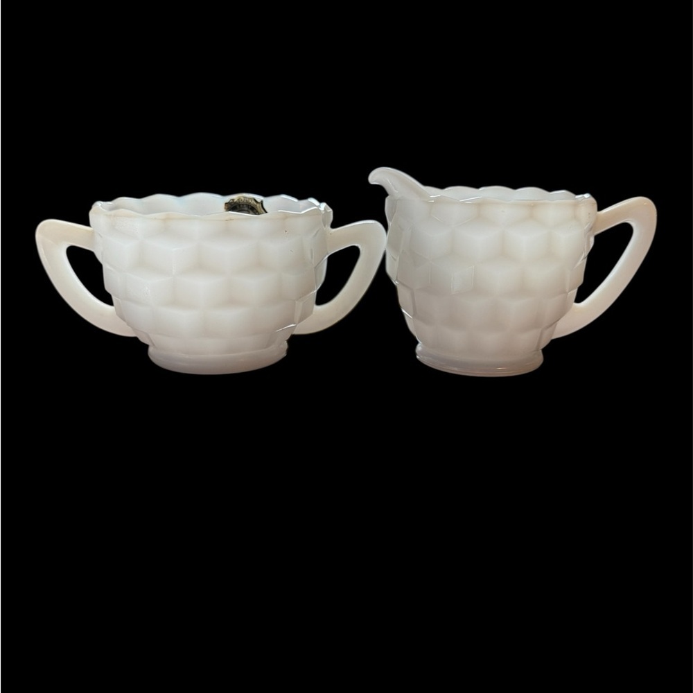 Anchor Hocking milk glass sugar and creamer “Cube" or "Cubist" pattern